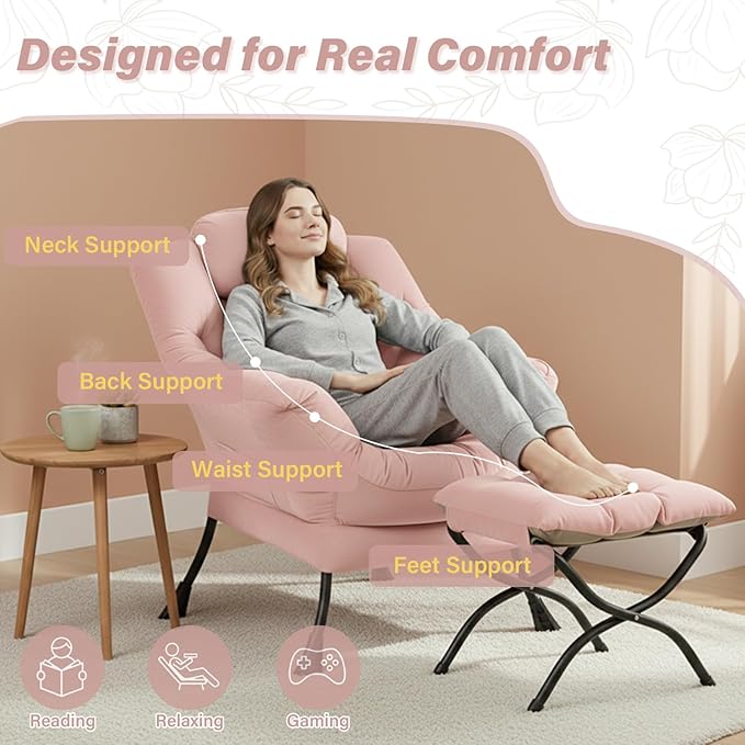 Lazy Chair and Ottoman, Large Accent Pink Velvet Chair with Side Pocket, Modern Leisure Upholstered Sofa Reading Armchair with Footrest for Office, Bedroom, Living Room, Dorm, Balcony