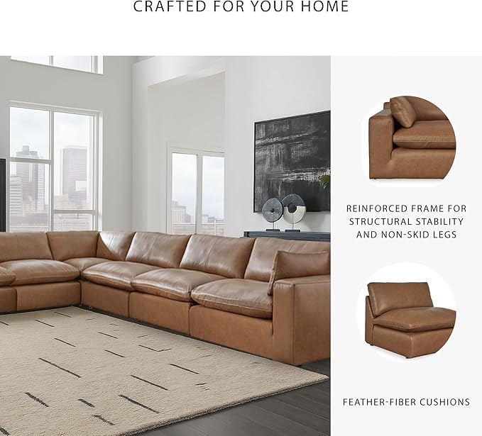 Signature Design by Ashley Emilia Modern L-Shaped Leather Match Modular Anti Sag 7-Piece Sectional with Loose Back Cushions and 2 Bolster Pillows, Orange