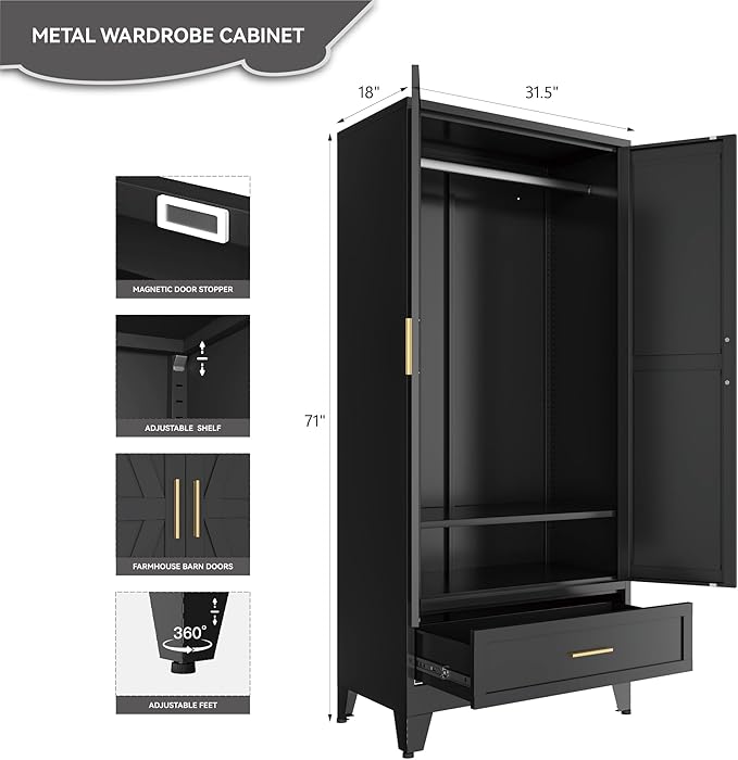 Black Metal Wardrobe Closet, Steel Armoire Wardrobe with Drawer Clothes Cabinet for Bedroom, 71" Tall Farmhouse Armoire Closet with Drawer, Shelf and 2 Doors Clothing Storage Cabinet with Hanging Rod
