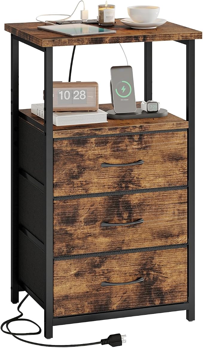 Fixwal Night Stand with 3 Fabric Drawers, Nightstand for Bedroom, Bedside Table with Charging Station End Table with Storage, Rustic Brown by Fixwal