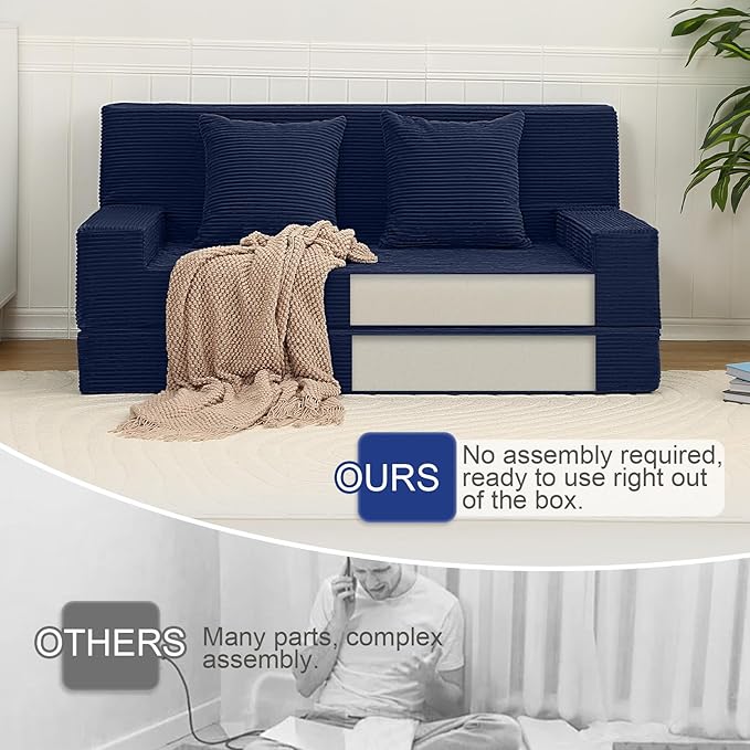 MeMoreCool Corduroy Boneless Sofa Bed Queen – Folding Futon Couch with High-Density Foam, Convertible Floor Sleeper & Pillow, Machine-Washable Cover for Guest Room, Bedroom, Small Apartment