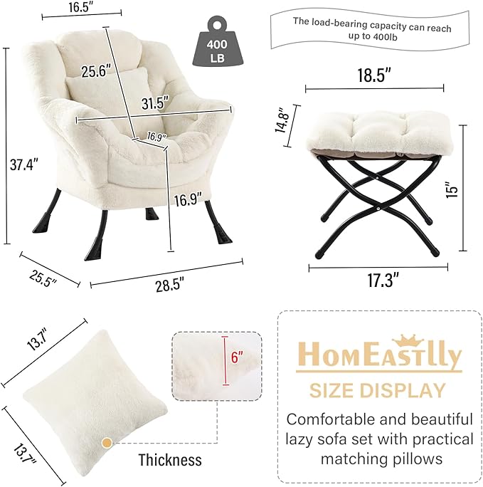 Lazy Chair with Ottoman, Large Lvory Accent Chair with Ottoman and FA Throw Pillow, Comfy Plush Reading Chair for Living Room Bedroom Dorm Room Office Apartment Relaxing Use