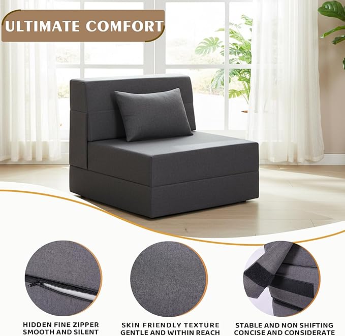 Folding Sofa Bed, Foldable Sleeper Chair with Pillow, Convertible Fold Out Chair Bed with Washable Cover, Foldable Mattress for Living Room, Bedroom, Guest Room, Single Size, Dark Grey