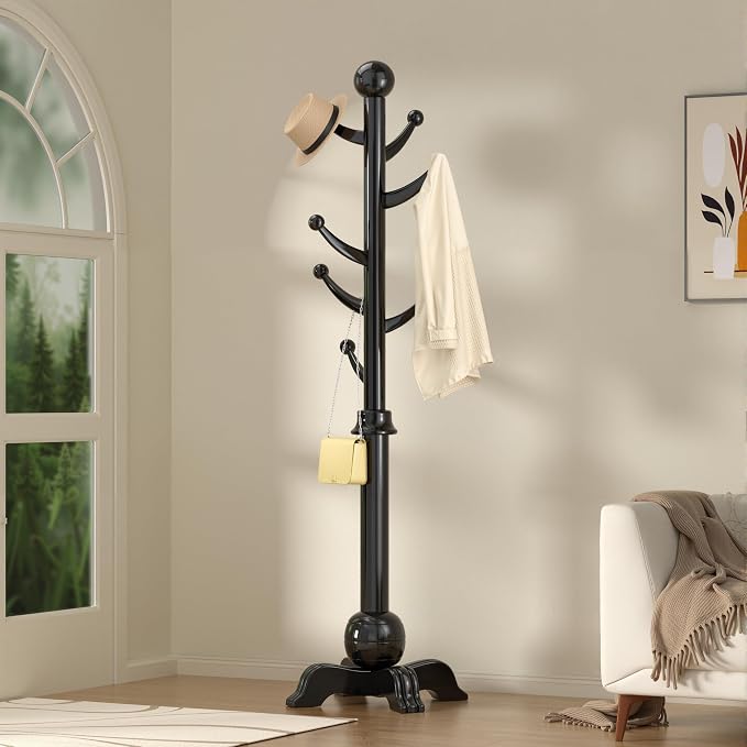 Hall Tree, Freestanding Wood Tree Rack with 7 Hooks, Coat Rack with Stable Sphere Base, Wooden Coat Rack Stand, Load 210 lb, Coat Hanger Stand for Entryway, Hallway, Bedroom (Black) by TTVACVX