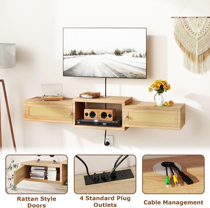 IBUYKE Modern Rattan Floating TV Stand with Doors,Wall Mounted TV Shelf for TVs up to 55 Inches,Media Console Entertainment Center for Under TV Storage Cabinet for Living Room Bedroom,Natural UWST012N - Image 4