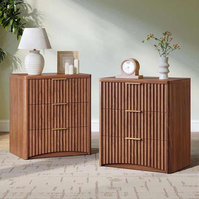 Evermagin Fluted Nightstand Set of 2, Walnut Bedside Table with 3 Drawers, Wood End Table with Storage Mid Century Modern, Large Night Stand for Bedroom by Evermagin