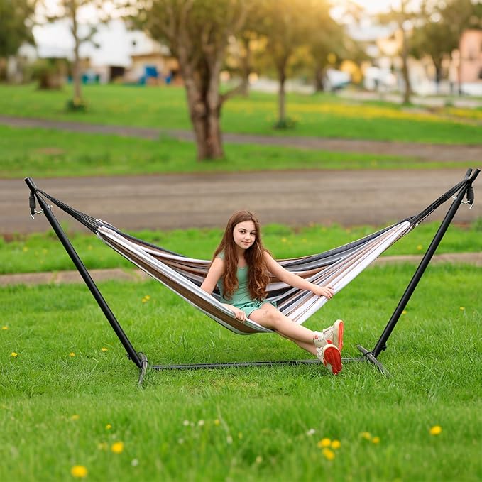 SZHLUX Double Hammock with Stand Included 450lb Capacity Steel Stand, Premium Carry Bag Included and Two Anti Roll Balance Beam, Portable Hammock with Stand for Backyard, Camping,Garden Brown Stripes - Image 2