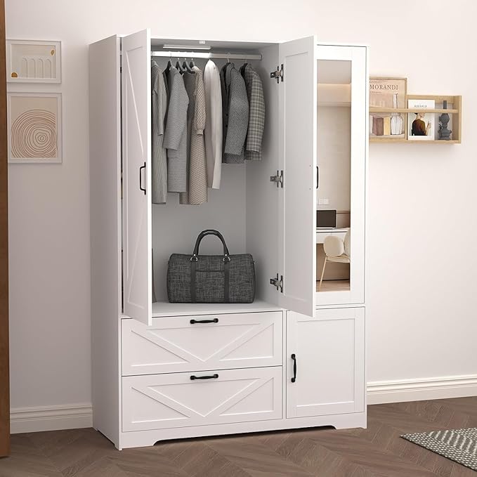 Armoire Wardrobe Closet with Mirror Door and LED Lights,3 Doors Farmhouse Bedroom Armoire with Drawers,Large Capacity Freestanding Armoire with Hanging Rod,Adjustable Shelves and Hooks(White