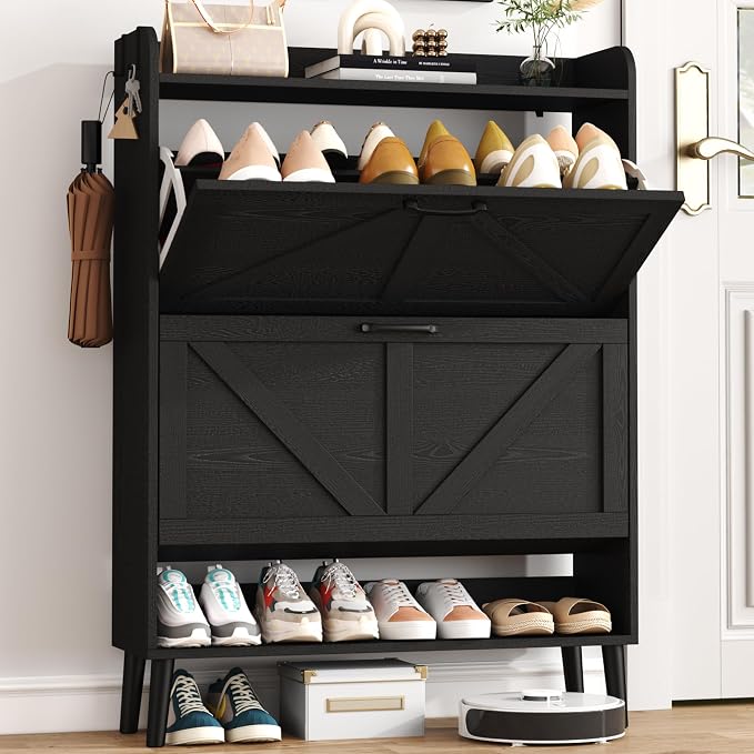 HOMEFORT Shoe Storage Cabinet for Entryway, 30" Freestanding Organizer with Two Flip Drawers, Narrow Hidden Shoe Rack with Wood Legs, Farmhouse Shoe Cabinet for Front Door Entrance,Black by HOMEFORT
