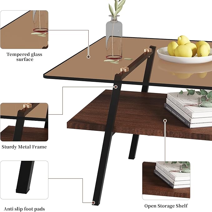 IANIYA Glass Coffee Table for Living Room Small Gold Mid Century Coffee Table for Living Room with Wood Shelves (Black Frame, Brown Glass + Brown Wood)