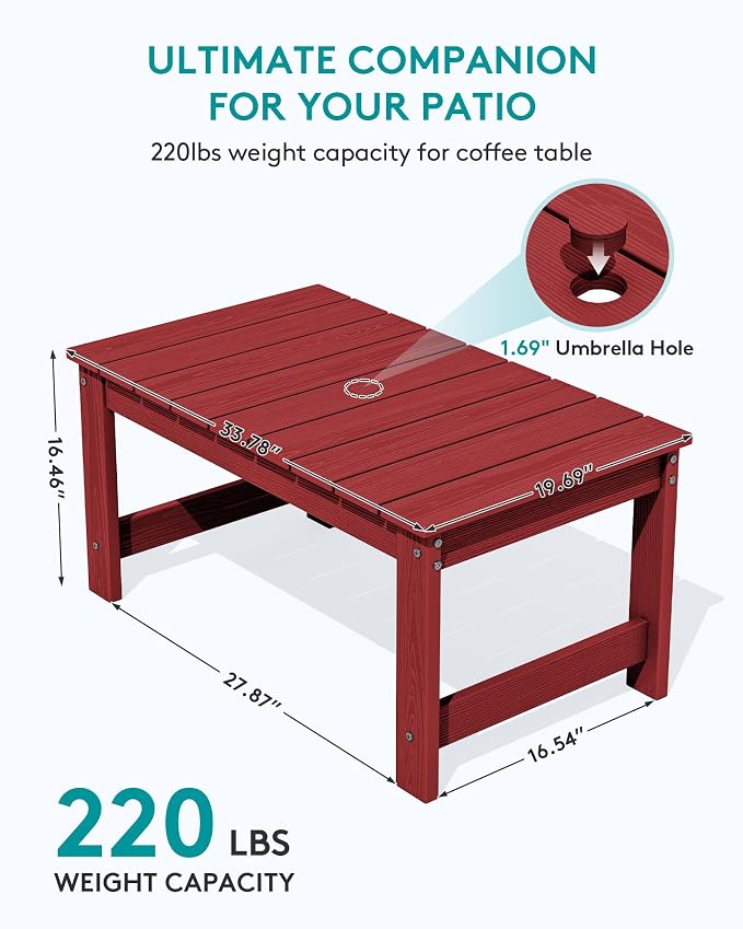 SERWALL Outdoor Coffee Table with 9FT Umbrella, HDPE Patio Coffee Table for Outside, Rectangle, Red(Not Include Umbrella Base) - Image 3