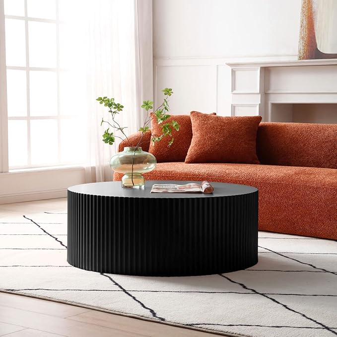 Black Round Drum Coffee Tables for Living Room Contemporary Circle Coffee Table, Modern Wood Accent Table for Office Apartment