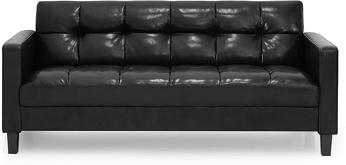 Furinno BRIVE Loveseat Sofa, Tufted Leather Upholstered 3-Seater 75" Wide Couch, Wood Frame, Easy Assembly, for Living Room, Bedroom, Plain Black Leather