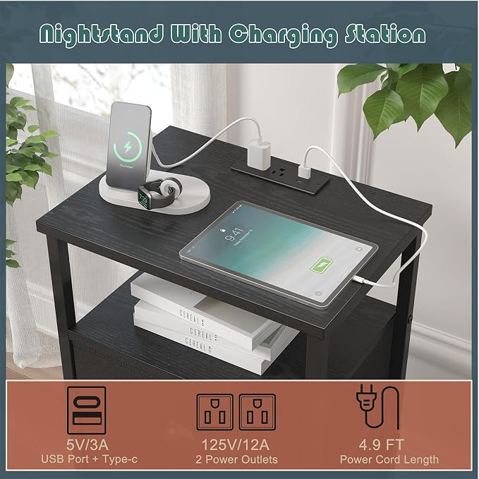 sthmec Nightstand with Charging Station,LED Black Nightstand with 4 Fabric Drawers PU Finish, Bedside End Tables, 2-Tier Open Storage Shelf Side Table Nightstand with Drawers for Bedroom,Black - Image 4