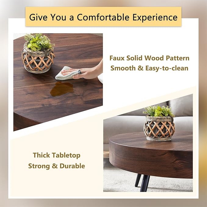 Round Coffee Table, Small Wood Coffee Table with Storage, Modern Mid Century Circle Tables Accent Center Tables for Living Room Apartment Small Space (31.5''D-Walnut)