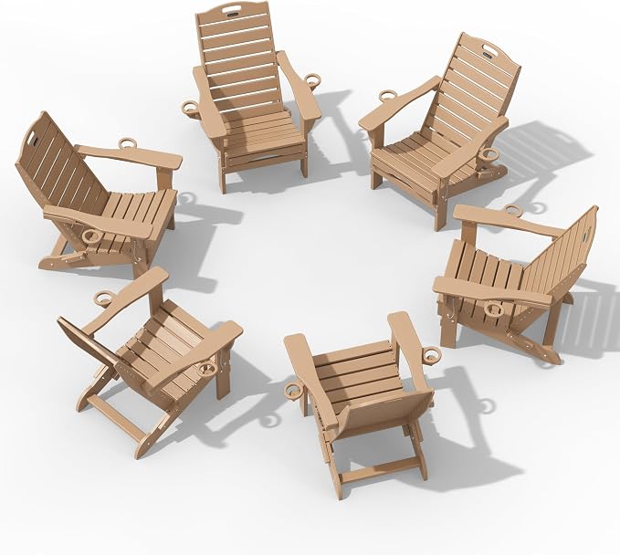 Adjustable Adirondack Chairs Set of 6 with Retractable Ottoman, HDPE Folding Adirondack Chair with Cup Holders, Weather Resistant for Backyard, Poolside & Fire Pit (Teak) by Suunyn