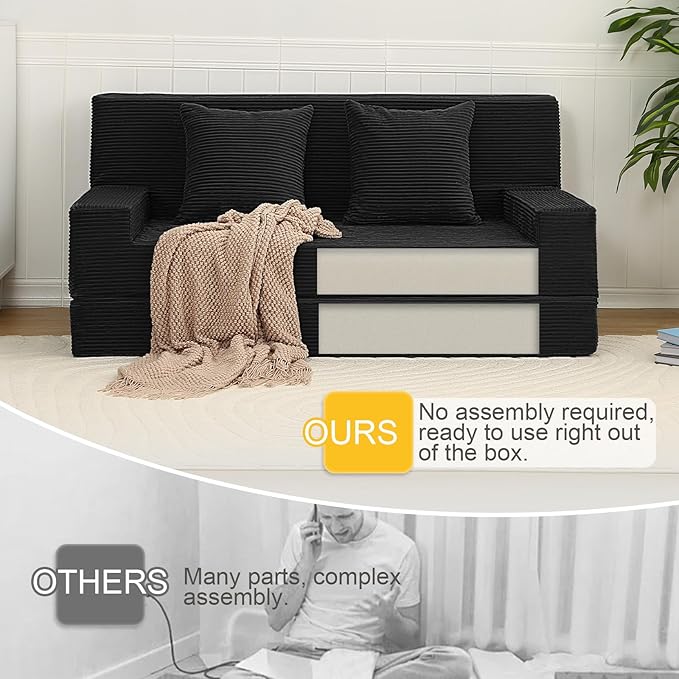 MeMoreCool Boneless Folding Sofa Bed Queen – Corduroy Convertible Futon Couch, 2-in-1 Floor Sleeper with Foam Support, Detachable Pillow & Washable Cover for Living Room, Guest Room, Apartment