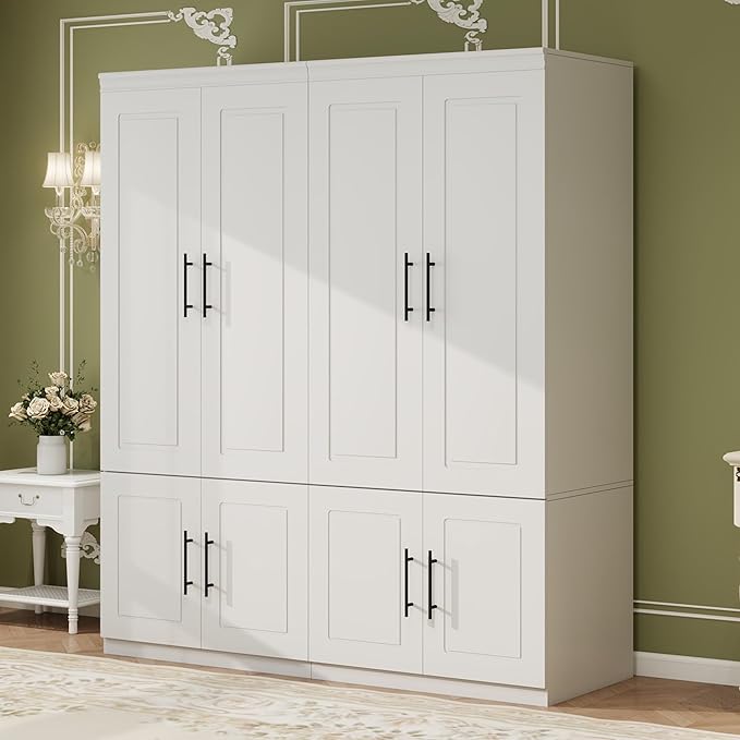 Wooden Armoire Wardrobe Closet with 4 Door, Bedroom Armoire Storage Cabinet, Modern White Armoire Wardrobe Closet with Shelves and Hanging Rod for Bedroom