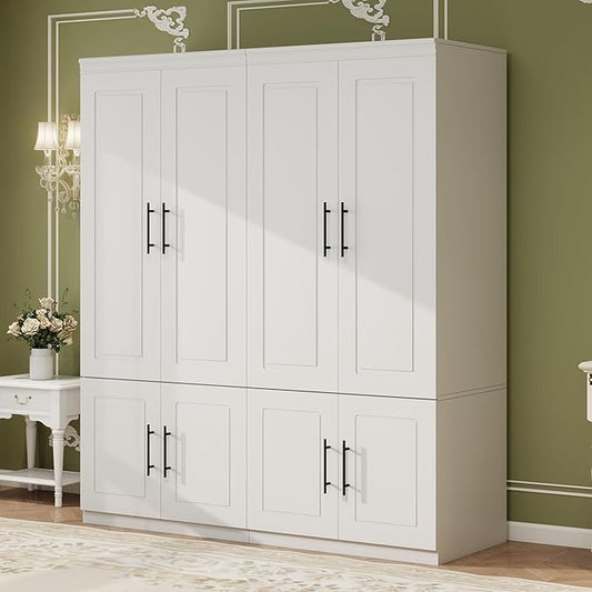 Wooden Armoire Wardrobe Closet with 4 Door, Bedroom Armoire Storage Cabinet, Modern White Armoire Wardrobe Closet with Shelves and Hanging Rod for Bedroom
