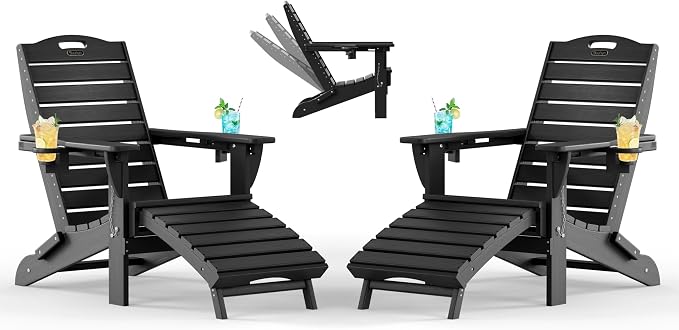 Adjustable Adirondack Chairs Set of 2 with Retractable Ottoman, HDPE Folding Adirondack Chair with Cup Holders, Weather Resistant for Backyard, Poolside & Fire Pit (Black) by Suunyn