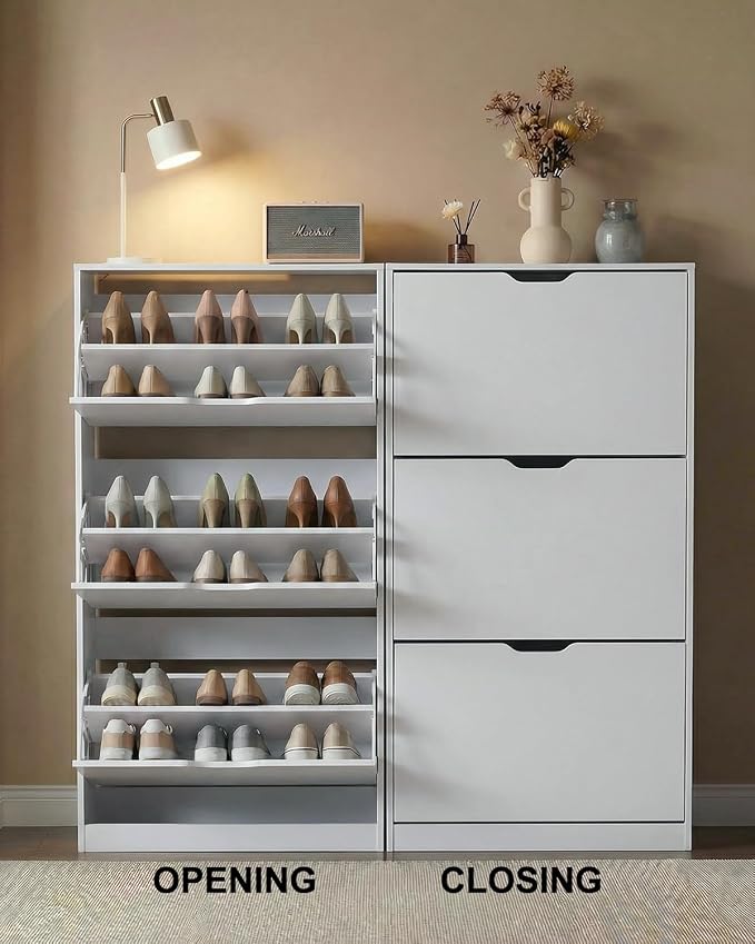 Shoe Cabinet with 3 Flip Drawers, Slim Shoe Storage Cabinet for Entryway, Hidden Freestanding Shoe Organizer, Narrow Shoe Rack for Hallway Living Room (White, 3 Drawers) - Image 4