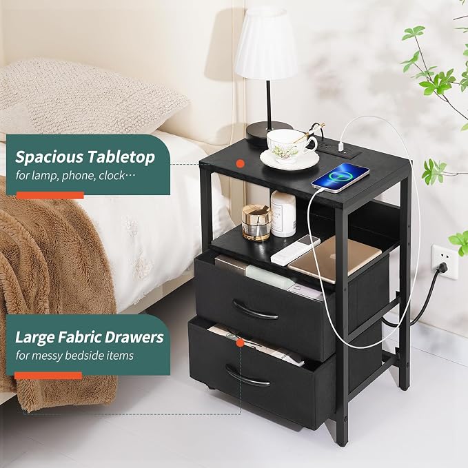 Yoobure Nightstand with Charging Station, LED Night Stand with Fabric Drawers and Storage Shelf for Bedroom, Nightstands Bedside Tables with USB Ports & Outlets, Small Night Stands, Bed Side Table - Image 6