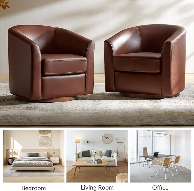 HULALA HOME Genuine Leather Swivel Barrel Chair, Round Swivel Accent Chair with Solid Wood Base, No Assembly Required, Brown