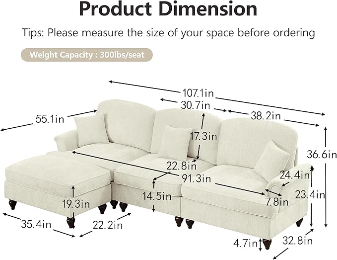 KEIKI Mid Century Modular Sofa with Flared Arms and Skirted Design, 107” Oversized 3-Seater with Ottoman Chenille L-Shaped Sectional Couches for Living Room, Chaise Lounge Indoor, Beige White