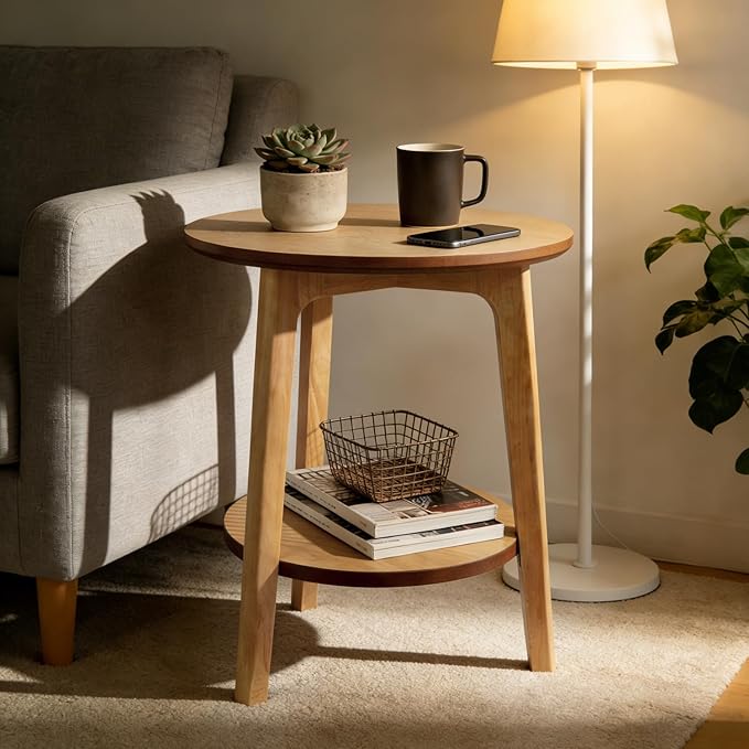 2-Tier Round Coffee Table Wood Nesting Side Table (Oak Side Table, 16x16x20)