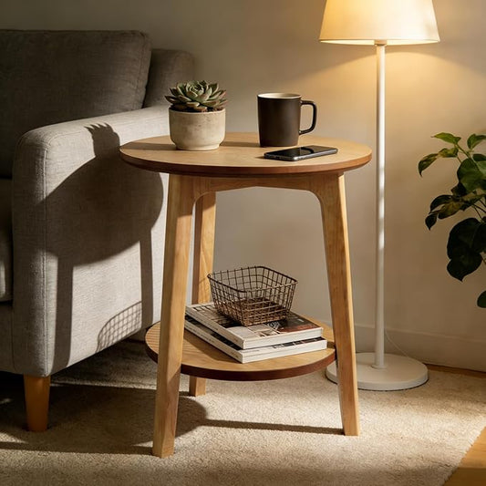 2-Tier Round Coffee Table Wood Nesting Side Table (Oak Side Table, 16x16x20)