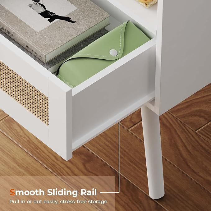 SUPERJARE Nightstand with Charging Station & Rattan-Like Decor Drawer, Rattan End Table with Solid Wood Feet, Bed Side Table with Open Storage, for Bedroom, Living Room, Dormitory - White - Image 8