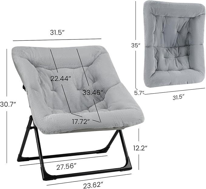 Comfy Saucer Chair for Adults, Soft Faux Fur Bedroom Chair, Accent Dorm Chairs, Flexible Living Room Reading Chairs, Oversized Folding Seat for Teens, X-Large, Grey