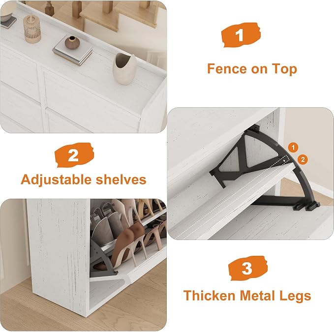 GarveeHome Shoe Cabinet with 6 Flip Drawers, Wooden Shoe Organizer Cabinet with Adjustable Shelf, Shoe Storage for Entryway, Hidden Shoe Cabinet for Hallway, Living Room, White - Image 5
