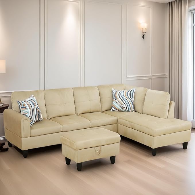 FONTOI L Shaped Sectional Couches for Living Room, Modern Modular Sectional Sofa with Ottoman Storage, Comfy L Shaped Couch with Chaise for Bedroom Apartment Furniture, Beige