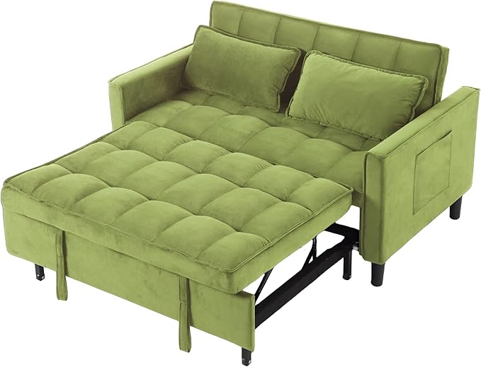 3 in 1 Convertible Sofa Bed, Love Seat Sleeper Bed with Side Pockets, Velvet Fabric Pull Out Couch with Adjustable Backrest for Living Room, Bedroom, Apartment, Olive Green