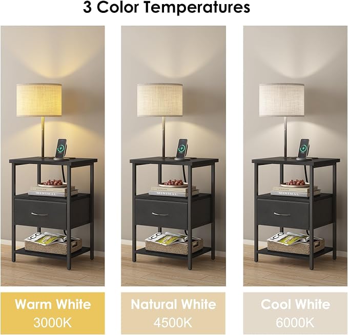 Fixwal Nightstand with LED Lights Bedside Table with 3 Color Temperatures Bulb, NightStand with Charging Station End Table with Adjustable Fabric Drawer for Bedroom Dorm, Black - Image 5