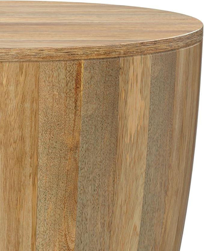 SIMPLIHOME Elmbrook End Table - 21 inch Wide Solid Mango Wood Round Drum Table with Vertical Panel Detailing in Natural, Modern Nightstand or Plant Stand for Living Room or Bedroom, Assembled