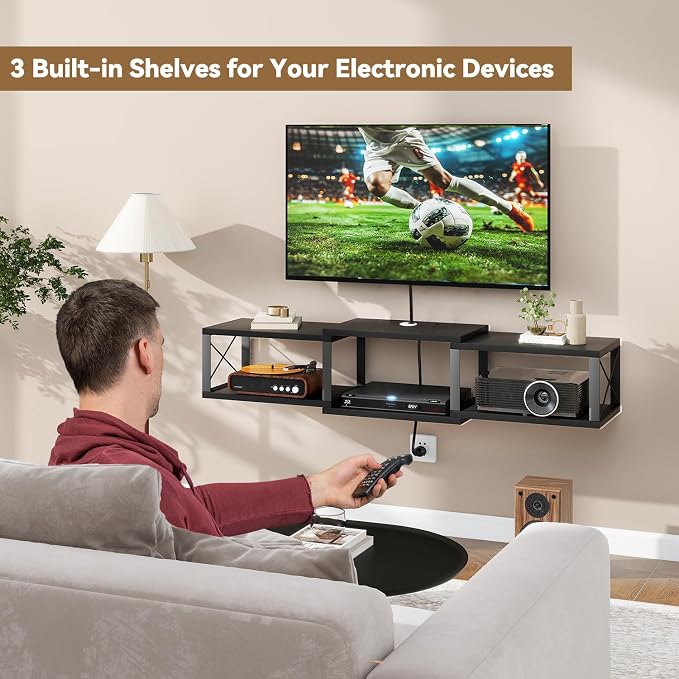 IBUYKE Floating TV Stand with Power Outlet,Wall-Mounted Floating Stand for TVs up to 55",Metal Wall Entertainment Center,Wall Mounted TV Shelf with Storage for Living Room Bedroom,Black UWST011B - Image 8