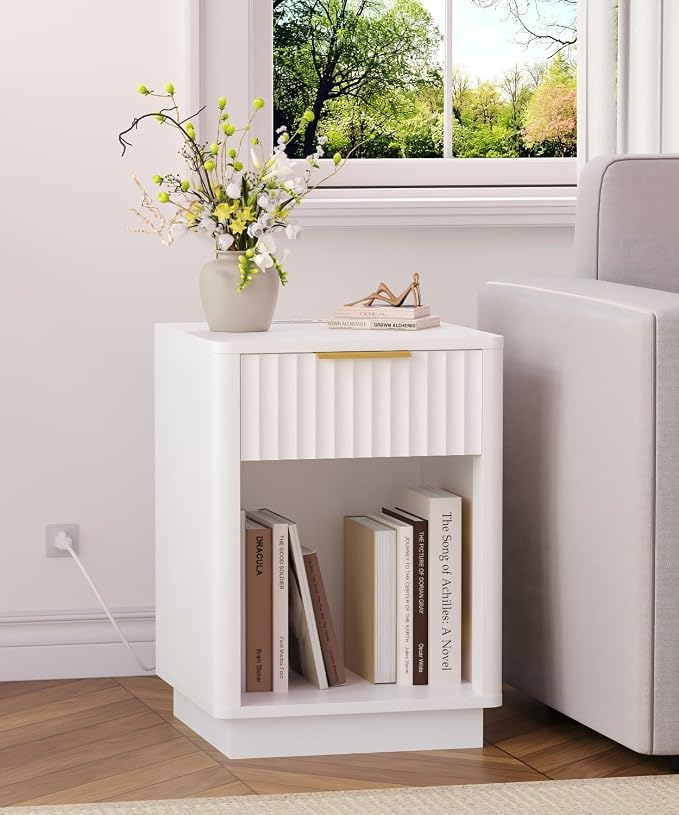 Akxomel Fluted Nightstand, Wooden Night Stand with Charging Station and LED Light, Modern Mid Century End Table with Drawer, 15" D x 15.7" W x 22.6" H, for Bedroom, White - Image 2