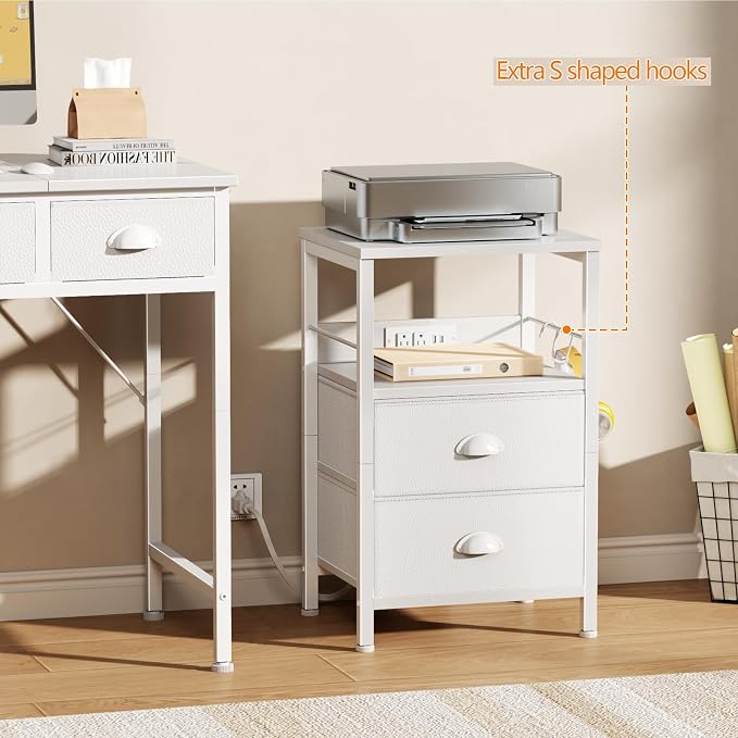 Furologee End Table with Charging Station, Nightstand with Fabric Drawers, Side Tables with USB Ports & Outlets, Night Stand with Storage Shelf & Hooks, for Living Room/Bedroom, White - Image 7