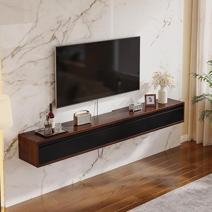 FurniNova Fully Assembled Floating TV Stand, Modern Plywood Media Console with 2 Drawers & 1 Flip Door, Wall Mounted Entertainment Center with High Gloss Finish & Round Edges, 55 inch, Walnut & Black - Image 2