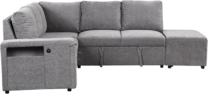 Ball & Cast 90.6" Convertible Sectional Couches Fabric Sofa Set with Pull Out Bed,L-Shaped Modular Padded Cloud w/Storage Space and USB Ports & Cup Holders on The Armrests,for Living Room,Gray