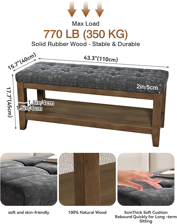 ABHENG Solid Rubber Wood Shoe Bench, Soft Chenille Material Upholstered Seat, 770LB Load Capacity, Multi-Storage for Entryway/Bedroom/Living Room, Vintage Style, 43.3"x15.7"x17.7", Dark Gray,UASND65G - Image 2