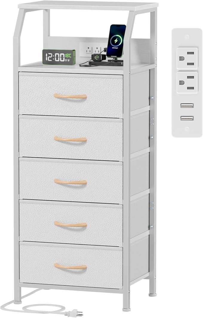 Furnulem 5 Drawers Dresser with Charging Station, Tall Night Stand with Open Shelf, Storage Tower with PVC & Fabric Drawer, Bedside Table for Bedroom, Closet, Entryway, 3 Ways to Use, White by Furnulem
