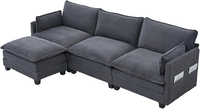 Modular Sectional Sofa Couch with Reversible Ottoman, 103" Oversized Corduroy Cloud Couch, 3 Seat Sectional Sofa with Solid Wood Frame and Side Pockets,for Living Room & Apartment