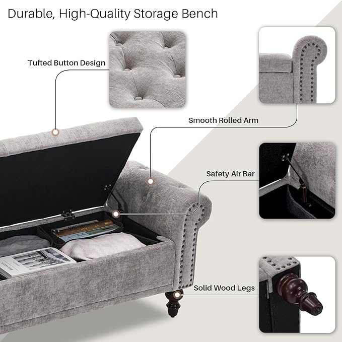SOFTHION Storage Bench for Bedroom, 67" End of Bed Bench King Size, Upholstered Chenille Storage Ottoman with Tufted Cushioned Rolled Arm Large Storage Space for Living Room Entryway, Light Grey - Image 4
