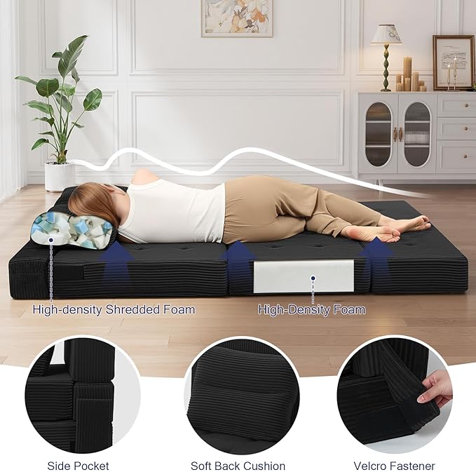 COMAX Folding Sofa Bed, Foldable Couch for Bedroom, Convertible Floor Sleeper Futon Chair Foam, Corduroy 3 in 1 Fold Out Chair Portable Comfy Lounge Couch Sofa Bed for Small Space, Full, Black