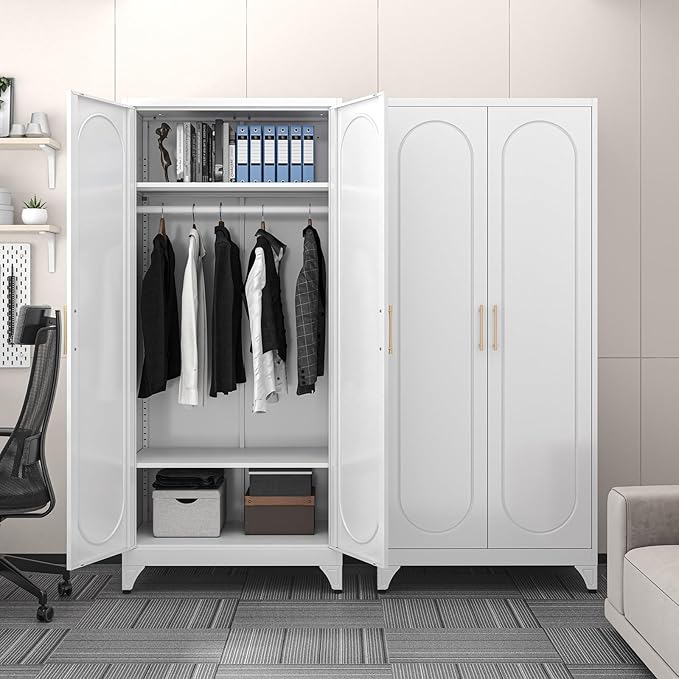 SteeLoong 71" Metal Armoire Wardrobe Closet with Doors，Tall Clothing Storage Cabinet with Adjustable Shelves and Hanging Rod,White Wardrobe Closet for Bedroom,Home,Office,Gym
