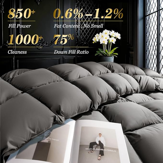 75% Canadian Goose Down Comforter Oversized King Size, Ultra Soft 100% Cotton Fabric, 850 Fill Power All Season Duvet Insert, Hotel Luxury Bedding Comforters (Dark Gray,120"x98")