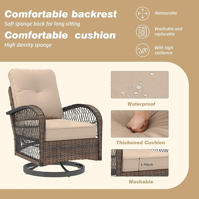 EROMMY 3 Pieces Patio Furniture Set, Outdoor Swivel Rocker Patio Chairs, Wicker Patio Bistro Set with Rocking Chair, Thickened Cushions and Glass Coffee Table for Backyard, Garden, Khaki